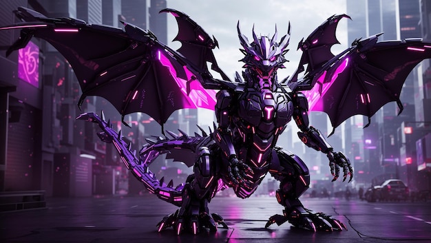 The image depicts a black and purple robotic dragon with glowing pink highlights standing on a bridg