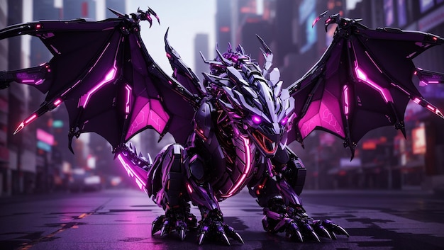 The image depicts a black and purple robotic dragon with glowing pink highlights standing on a bridg