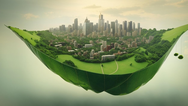 The image depicts a futuristic city with skyscrapers green parks and flying cars