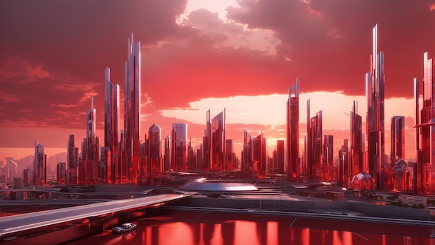 The image depicts a futuristic city with tall buildings made of glass and metal The sky is red and