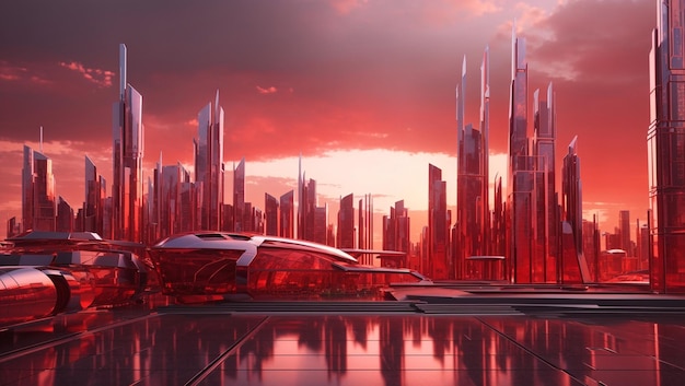 The image depicts a futuristic city with tall buildings made of glass and metal The sky is red and