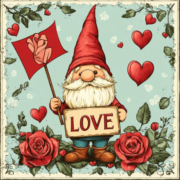 Photo the image depicts a gnome holding a red flag that says love