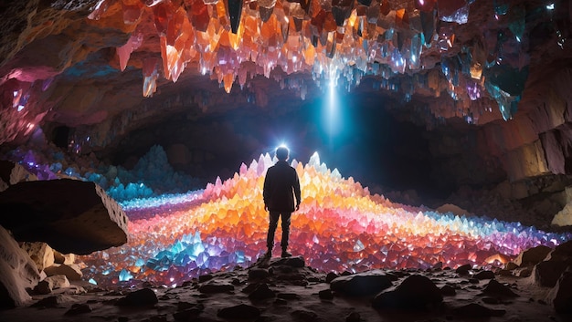 The image depicts a person standing in a cave filled with colorful crystals