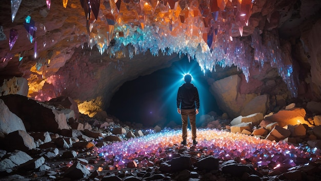 The image depicts a person standing in a cave filled with colorful crystals