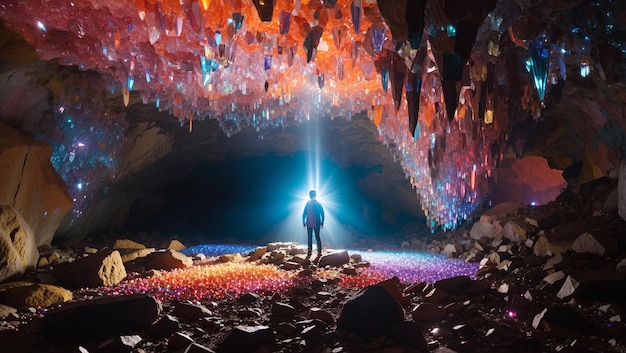 The image depicts a person standing in a cave filled with colorful crystals