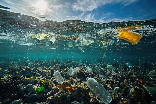 Photo image depicts plastic pollution harming marine ecosystems and food chains showcasing various plastic debris floating above vibrant underwater environment contrast between clear water and litter emp