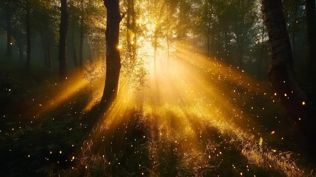 The image depicts a serene forest scene at sunrise with golden rays of light piercing through