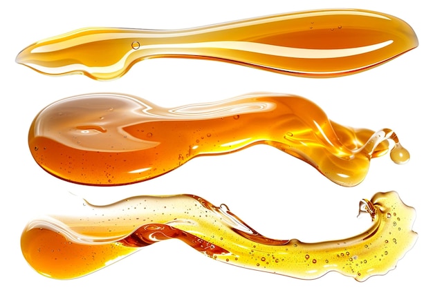 The image depicts a set of honey spills one of which is isolated on white with a top view