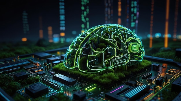 The image depicts a stylized brain placed on a motherboard