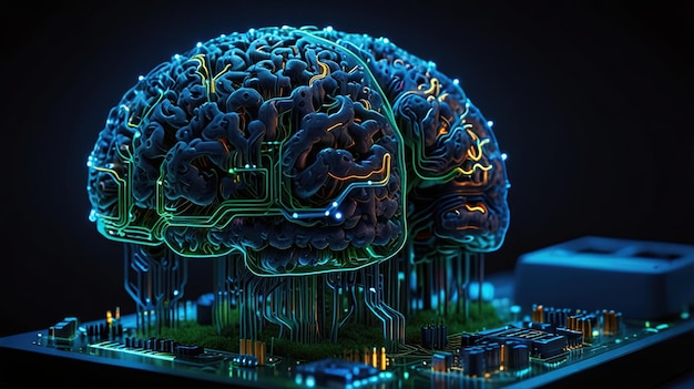 The image depicts a stylized brain placed on a motherboard