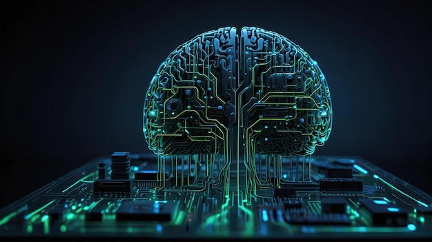 The image depicts a stylized brain placed on a motherboard