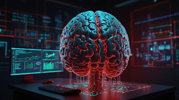 The image depicts a stylized brain placed on a motherboard