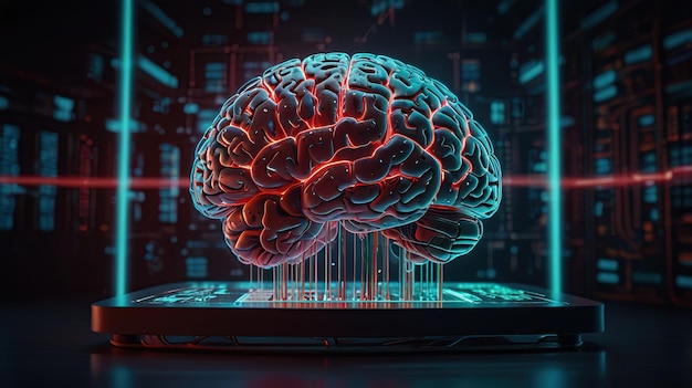 The image depicts a stylized brain placed on a motherboard