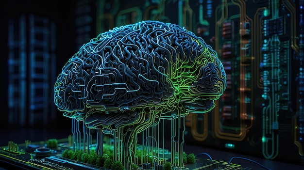 The image depicts a stylized brain placed on a motherboard