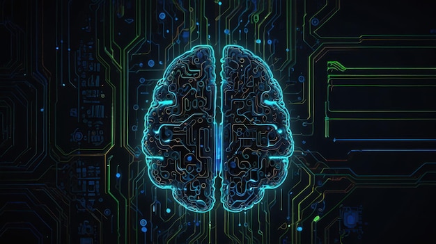 The image depicts a stylized brain placed on a motherboard