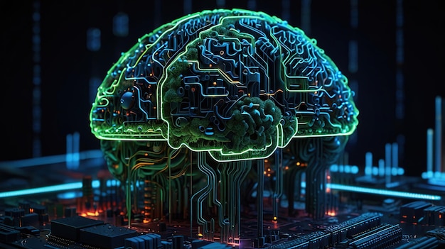 The image depicts a stylized brain placed on a motherboard