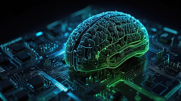 The image depicts a stylized brain placed on a motherboard