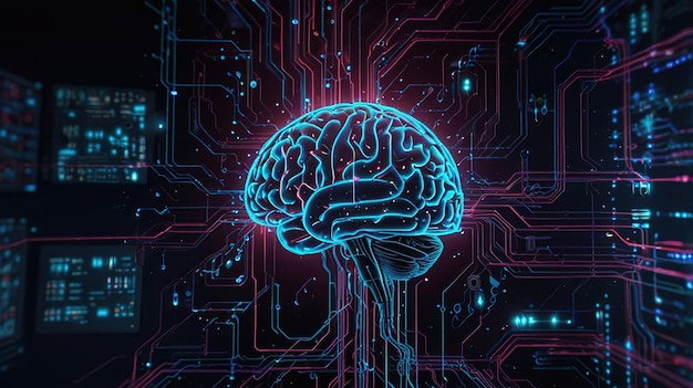 The image depicts a stylized brain placed on a motherboard