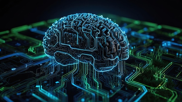 The image depicts a stylized brain placed on a motherboard