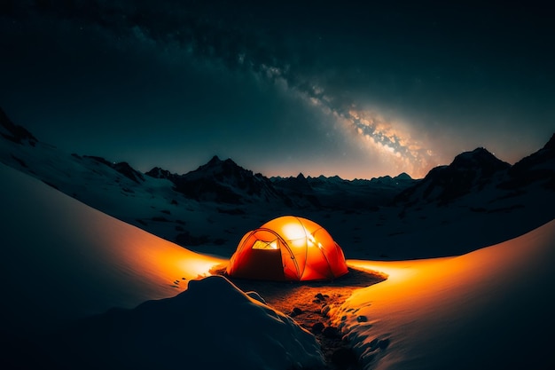 The image depicts a tent set up in the middle of a beautiful alpine landscape at night