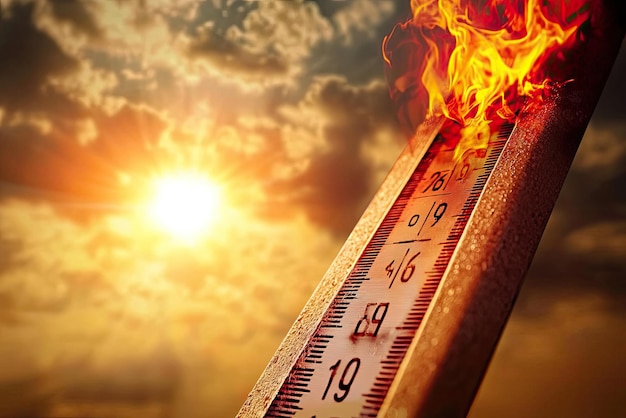 Photo image depicts thermometer with flames symbolizing extreme heat and rising temperatures this visual representation highlights dangers of heatwaves and their impact on health and safety