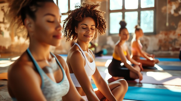 Image description A group of diverse women are sitting in a yoga studio with their eyes closed