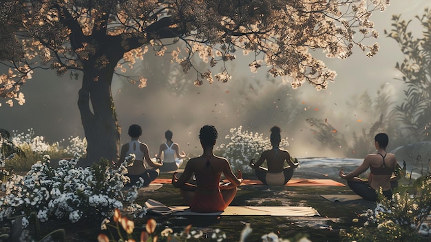 Image description A group of diverse women practice yoga in a beautiful natural setting