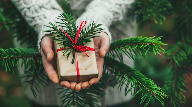 Image description A person is holding a gift wrapped in brown paper and decorated with a red ribbon and a sprig of pine