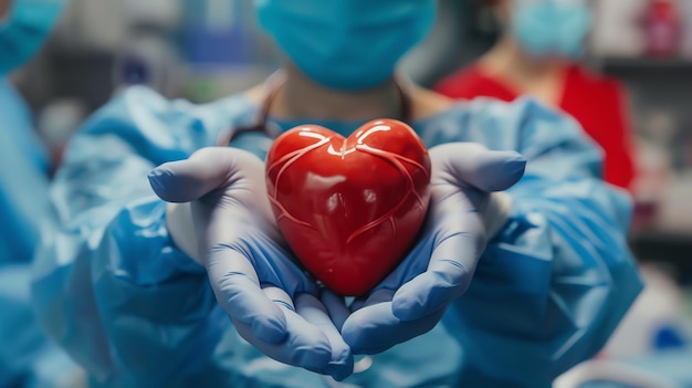 Image Description A surgeon holds a heart in their hands The heart is red