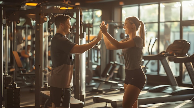 Image description A young man and woman are working out in a gym They are both smiling