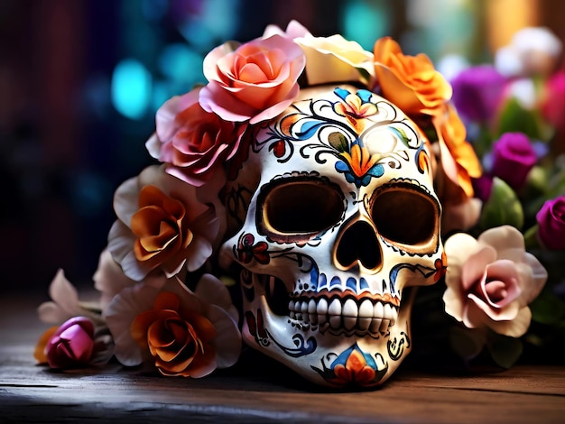 Photo image of a dia de muerto mexican sugar skull decorated with flowers