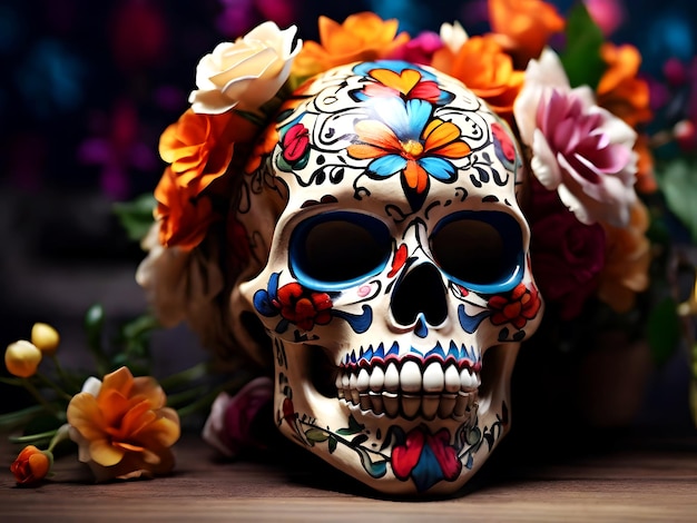 Photo image of a dia de muerto mexican sugar skull decorated with flowers