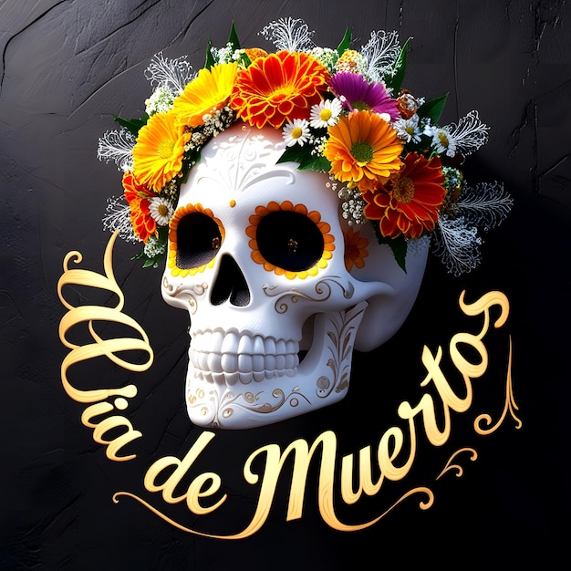 Photo image of a dia de muertos sugar skull with a vibrant flowers and dark background