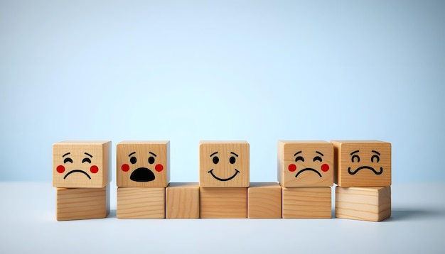 Image of different emotions on wooden cubes isolated with white highlights