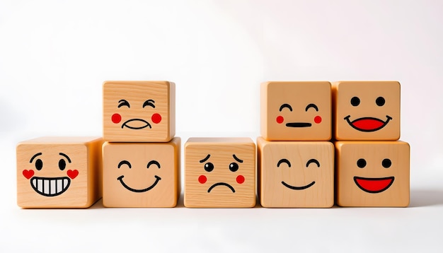 Image of different emotions on wooden cubes isolated with white highlights