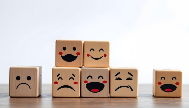 Image of different emotions on wooden cubes isolated with white highlights