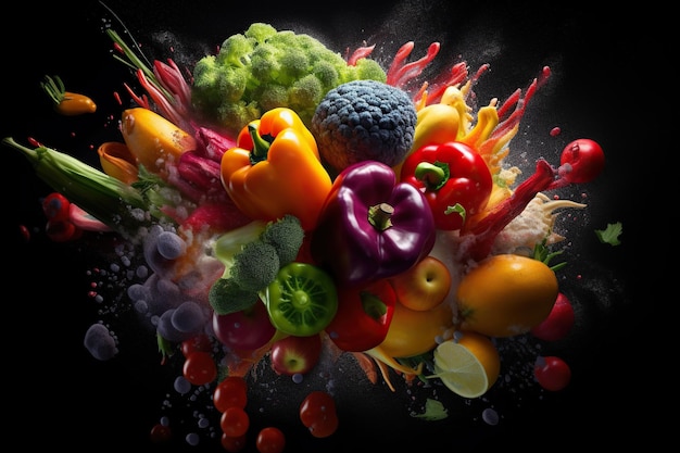 An image of different vegetables splashing onto a black background Generative AI