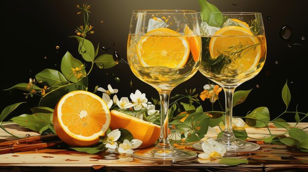 The image displays a cocktail drink with elderflower and lemon slices Illustration Generative AI