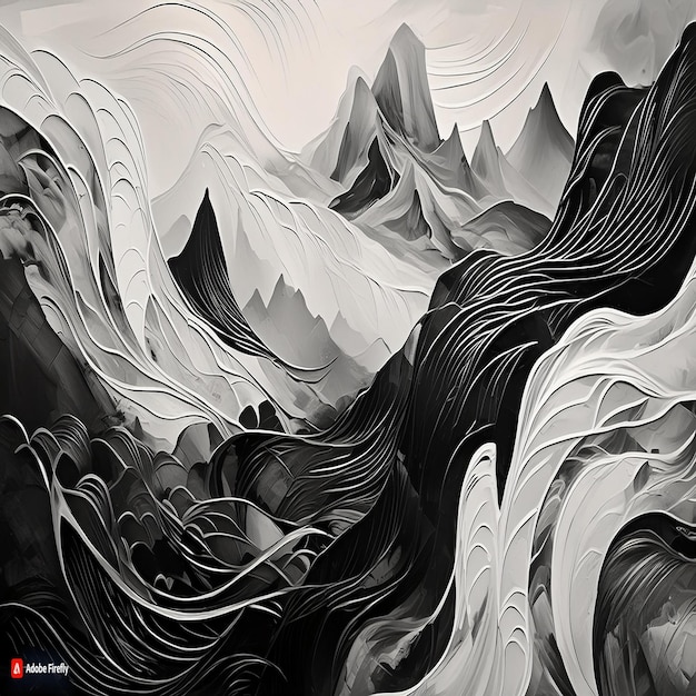 The image displays a monochrome abstract art piece with swirling patterns and sharp mountain peaks