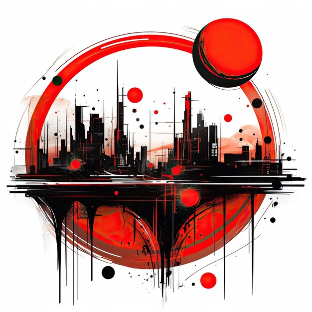 The image displays a red and black abstract cityscape Generative AI