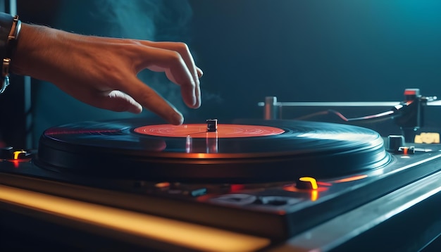 an image of a DJ spinning vinyl records on turntables at a nightclub