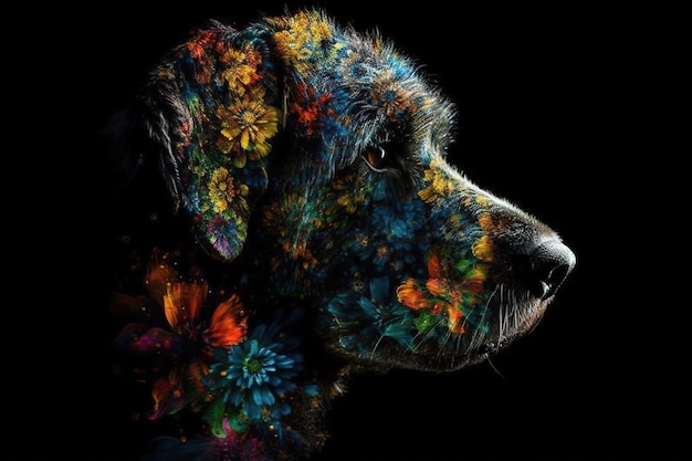 Image of a dog head with beautiful bright colors on a dark background Pet Animals Illustration generative AI