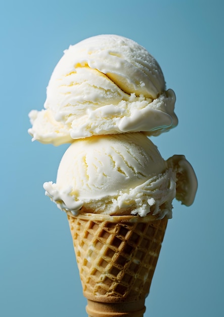 Image of double vanilla ice cream scoop on blue surface evoking creamy delight and summer