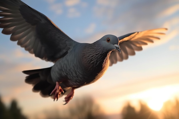 Image of a dove flying in the sky under sunlight