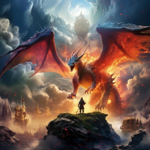 An image of a dragon flying over a city