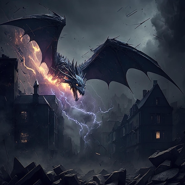 Photo an image of a dragon flying over a city