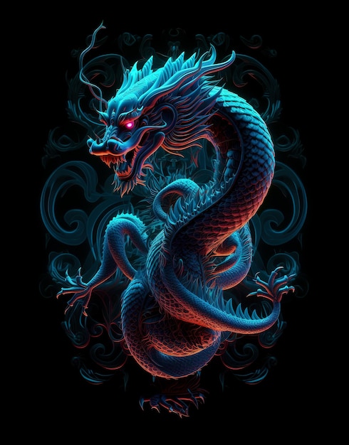 Image of a dragon with beautiful bright colors on black background Mythical creatures Illustration Generative AI