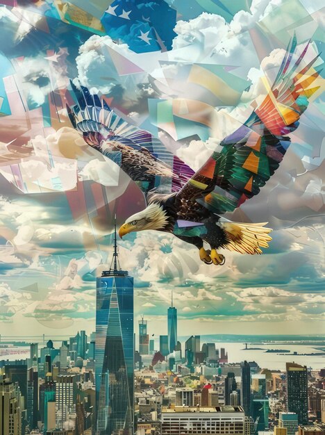 An image of an eagle flying over a city