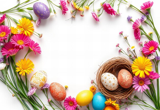 Image Easter frame with colorful eggs a nest and spring flowers