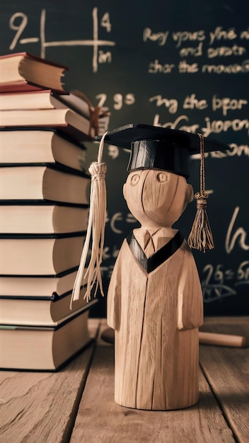 Image of education concept Wooden people figure with graduation hat